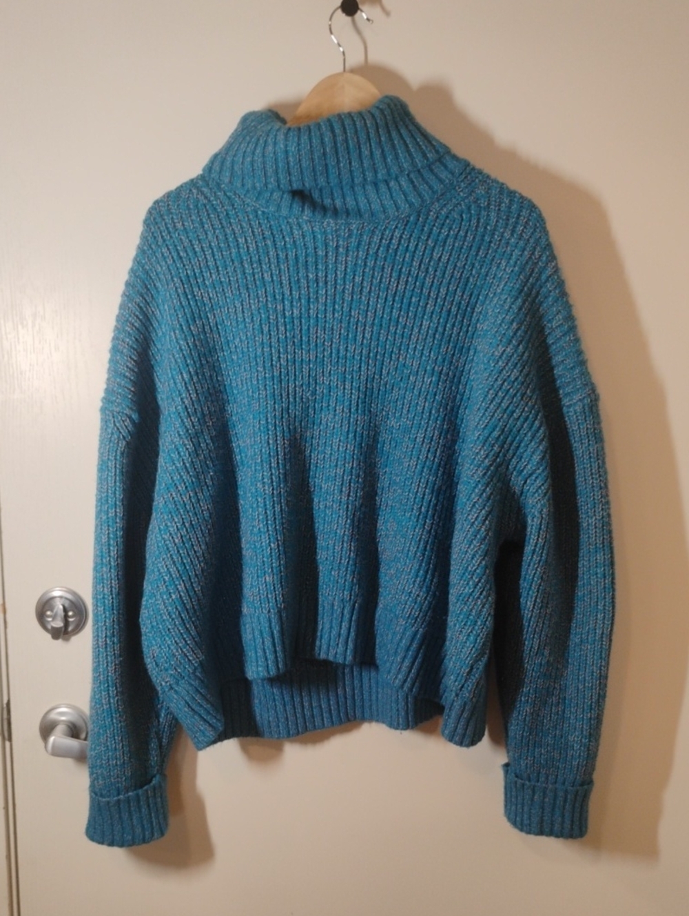 Oversized Teal Ribbed Cowl Turtleneck Sweater